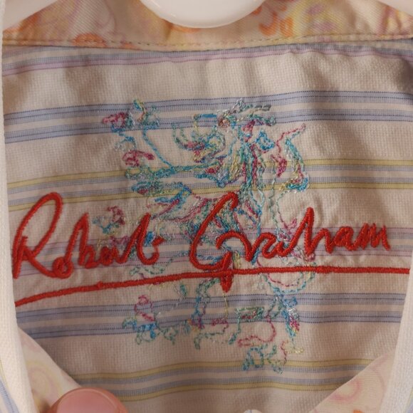 Robert Graham Blue Yellow Pastel Striped Medium Long Sleeve Button Up Embroidery - Picture 13 of 16